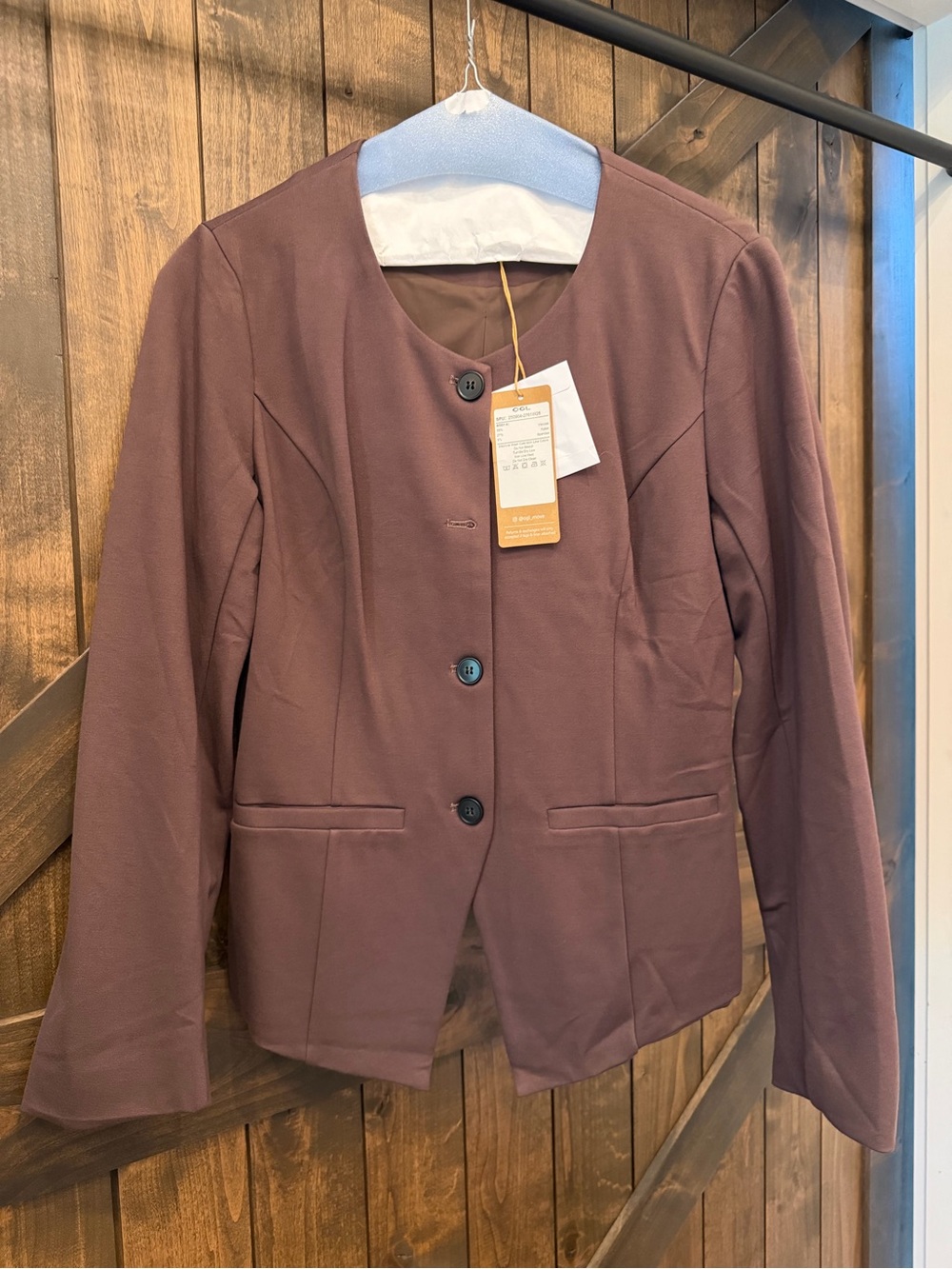 NWT OGL Women's Brown Collarless Button Blazer. Ponte material.
